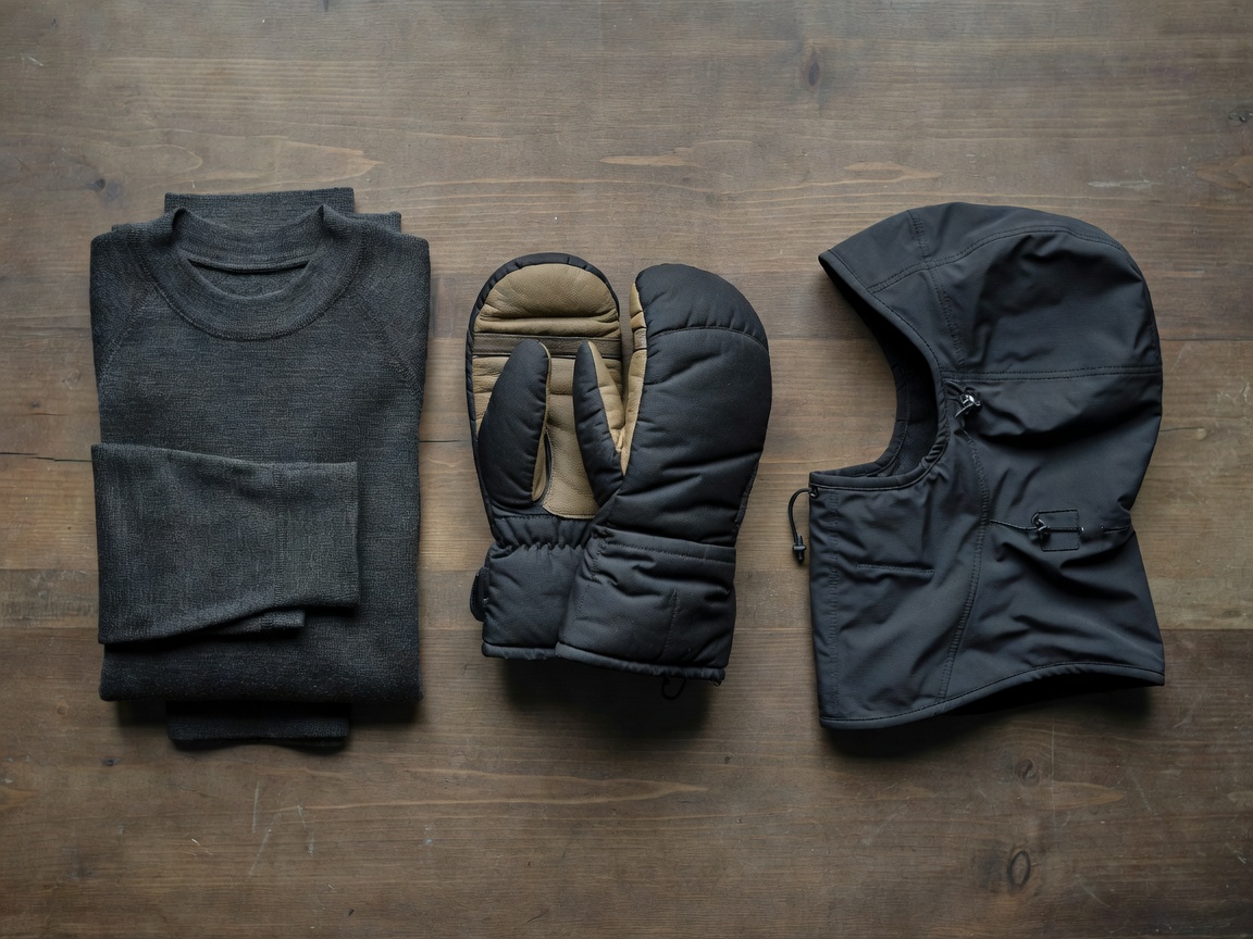 Flatlay of thermal merino baselayers, insulated mountaineering mittens, and storm balaclavas