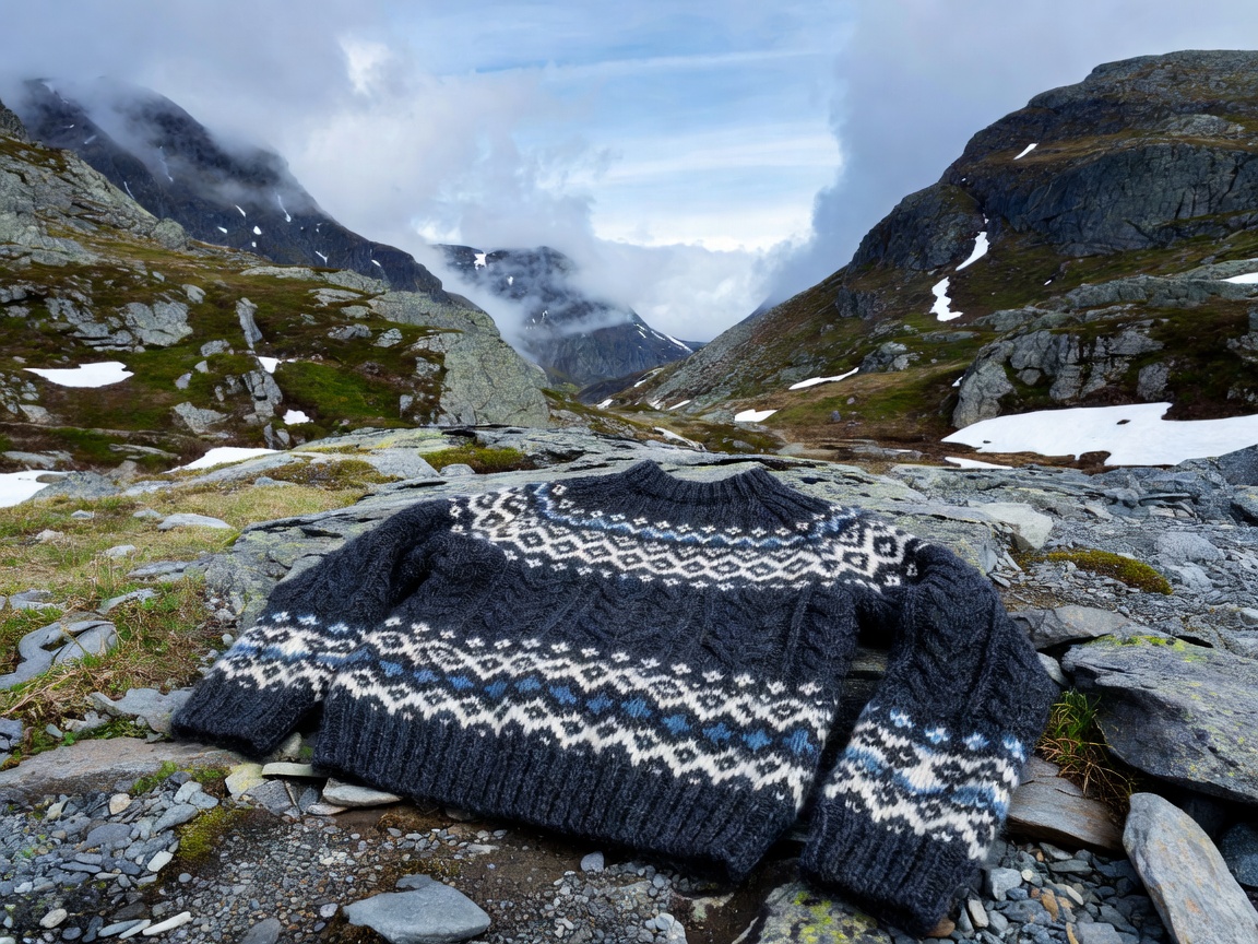 Heavy gauge Norwegian wool sweater knitted with historic geometric patterns on a mountain pass