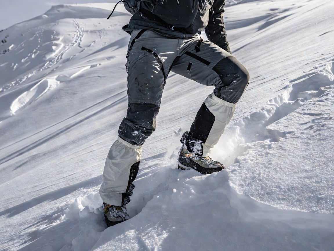 Reinforced alpine snow trousers with integrated powder gaiters on steep snowpack