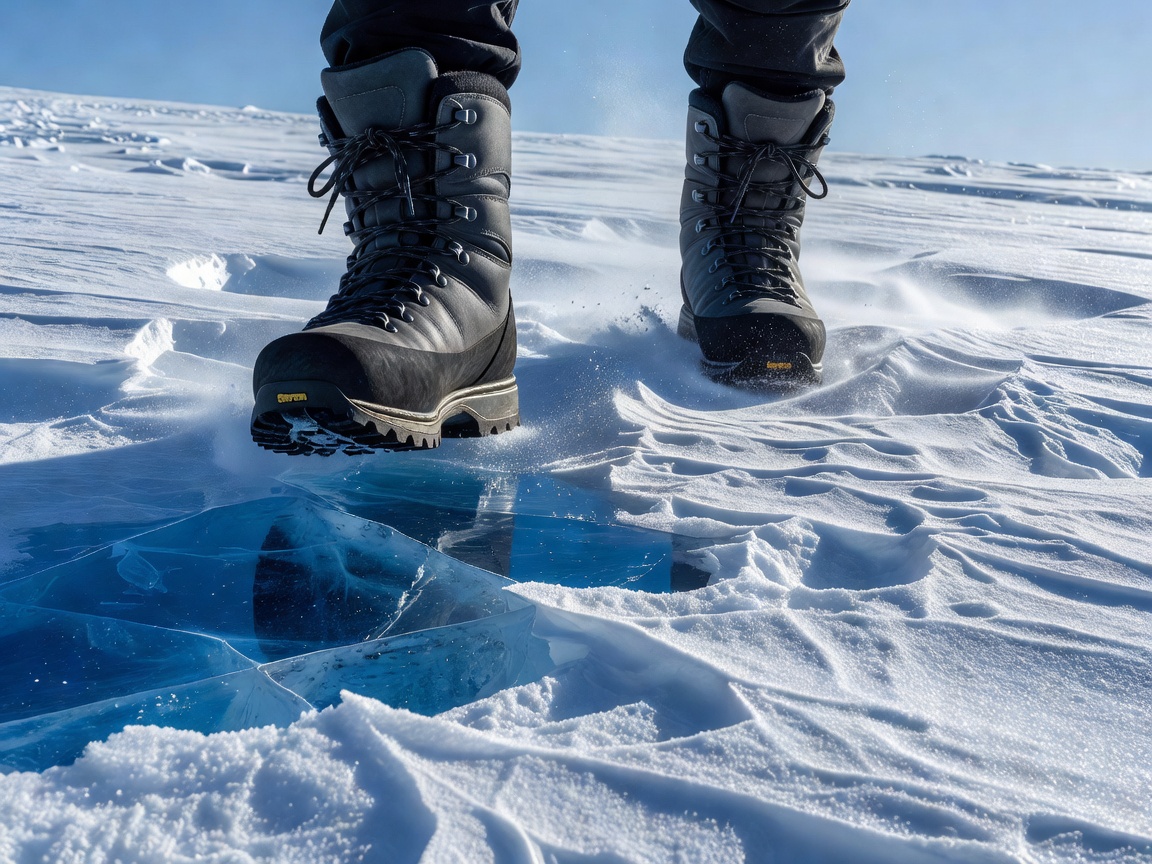 Sturdy insulated mountaineering boots stepping on glazed blue ice and wind-crusted snow